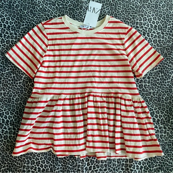 Zara Red White Striped Peplum Tee Top Shirt Size Small NWT - Picture 3 of 4